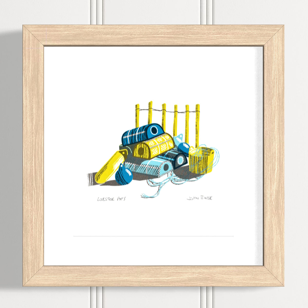 A screenprint showing lobster pots, a bucket with rope, buoys and a fence.