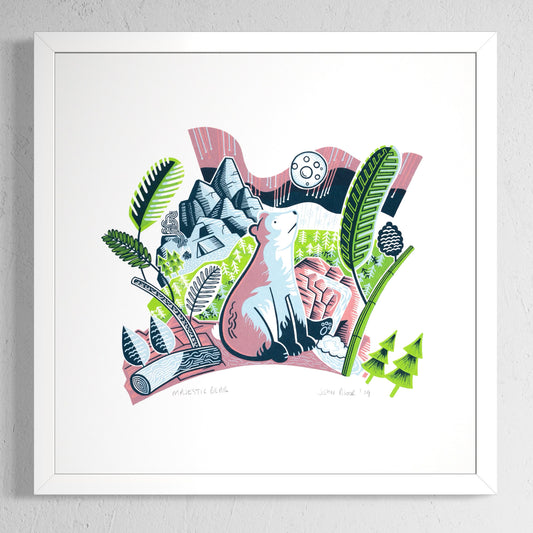 Majestic Bear screen print. It depicts a bear looking up at the aurora borealis and the moon, on each side of the bear are fir branches, mountains, logs and fir trees. In white frame.