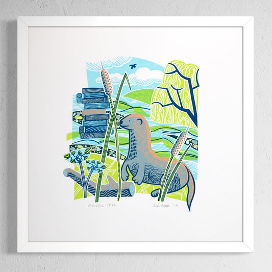 Majestic Otter screenprint. It depicts an otter sitting on a riverbank surrounded by bullrushes, a fallen log, a wooden bridge and a weeping willow tree. In a white frame.