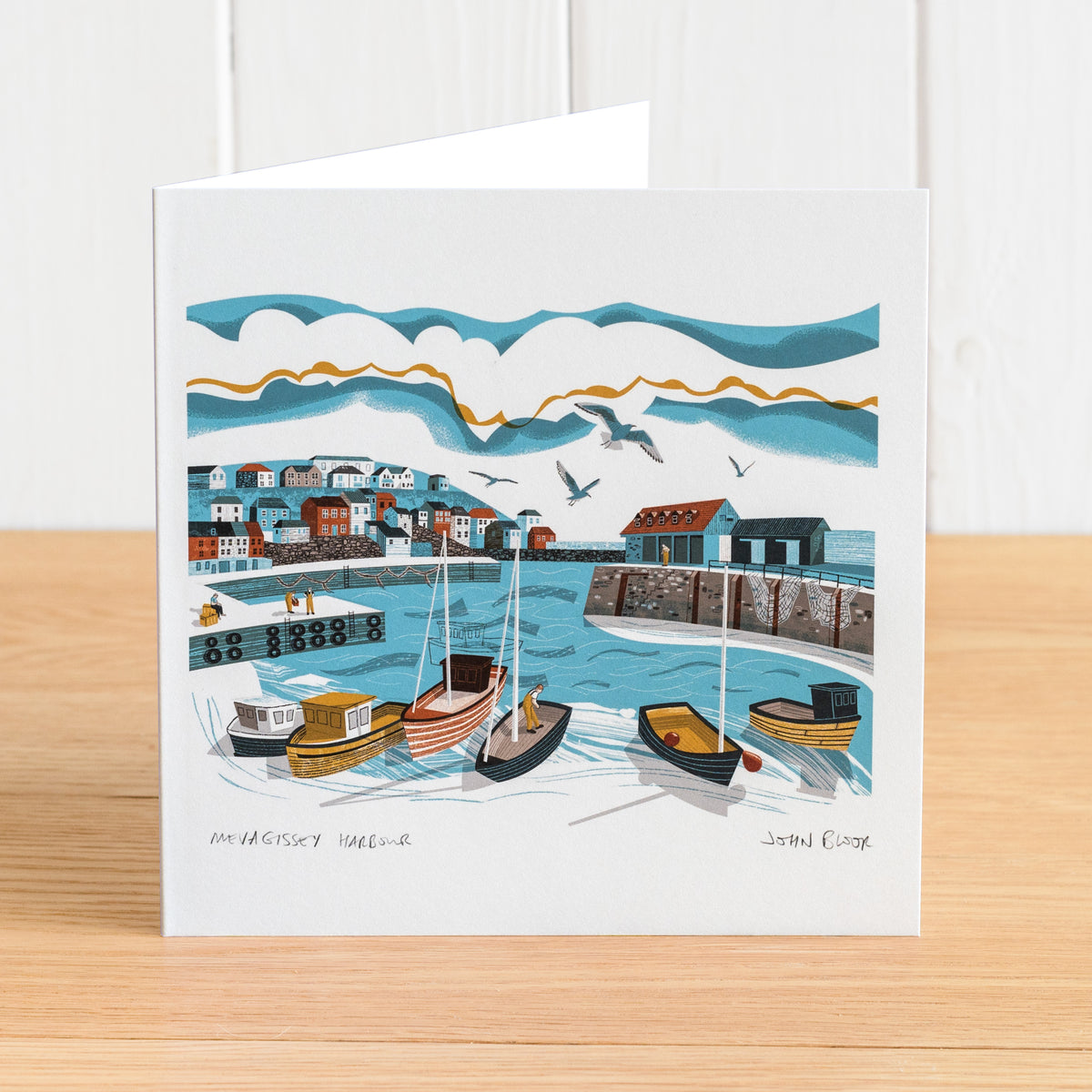 A greetings card depicting Mevagissey Harbour.