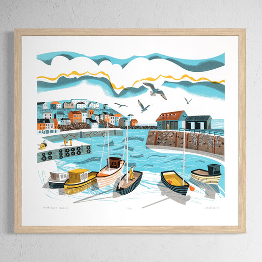 Mevagissey Harbour screenprint. It features a view of Mevagissey Harbour, Cornwall, looking out across the harbour with boats, harbour wall and houses. Shown in an oak frame.
