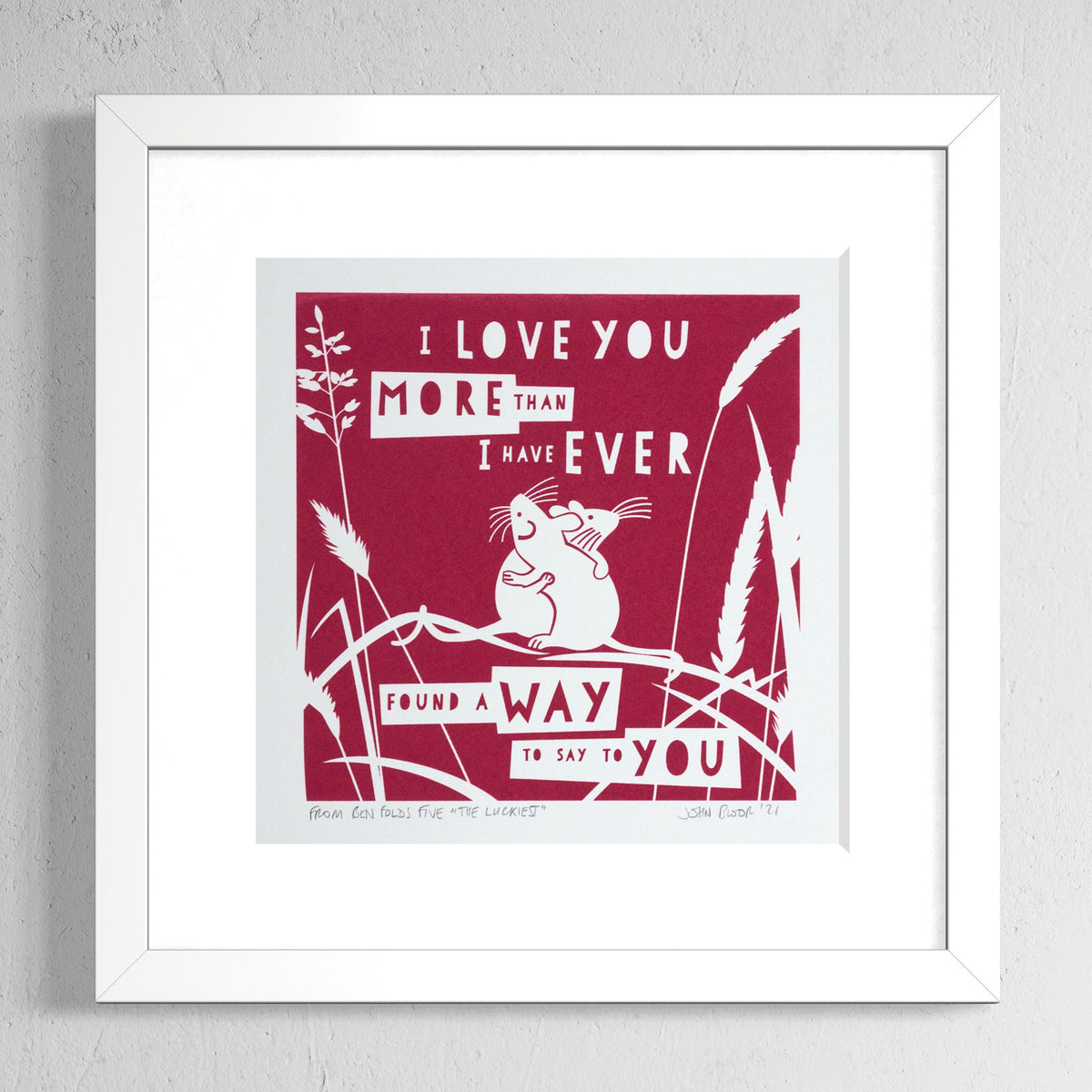 More Than I Have Ever Found A Way screenprint. It depicts two mice hugging. They are standing on grass leaves. It is printed in raspberry. 