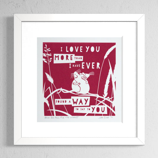 More Than I Have Ever Found A Way screenprint. It depicts two mice hugging. They are standing on grass leaves. It is printed in raspberry. 