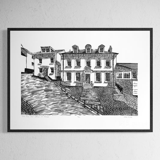 Old Post Office at Fowey linocut print depicting the Old Post Office in Fowey, Cornwall. 
