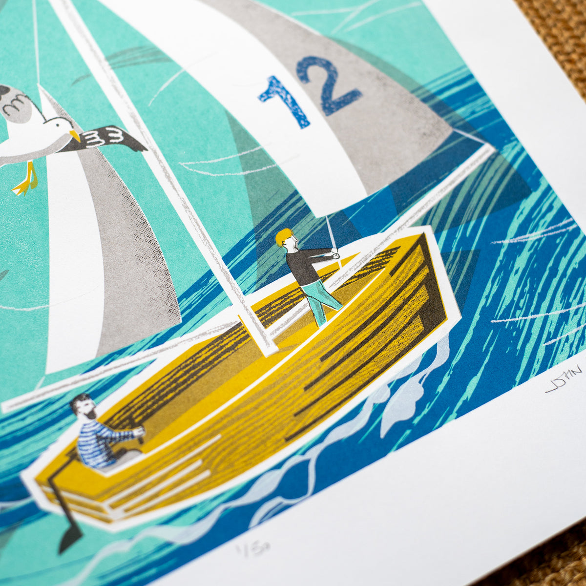 Detail from a screenprint showing two men on a yacht