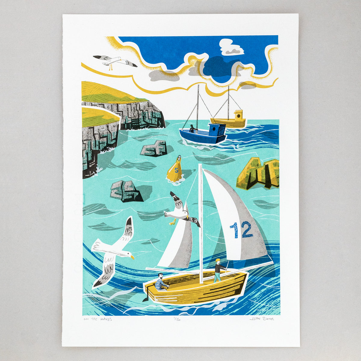 On the Waves six colour limited edition hand made screenprint. It depicts the sea and headland, with a yacht, fishing boats, rocks and gulls.