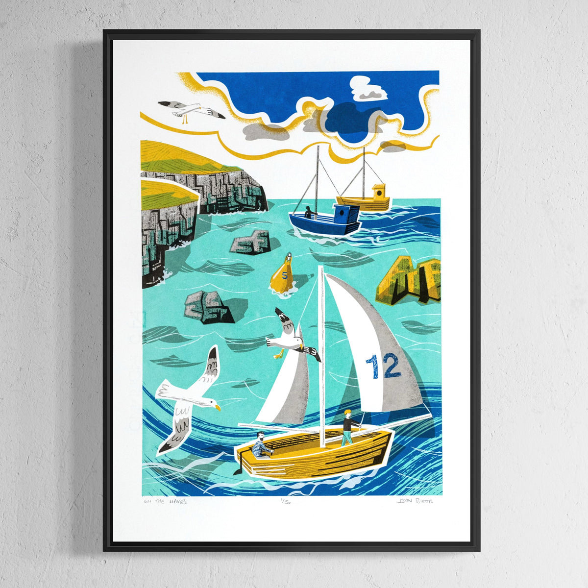 On the Waves six colour limited edition hand made screenprint. It depicts the sea and headland, with a yacht, fishing boats, rocks and gulls.