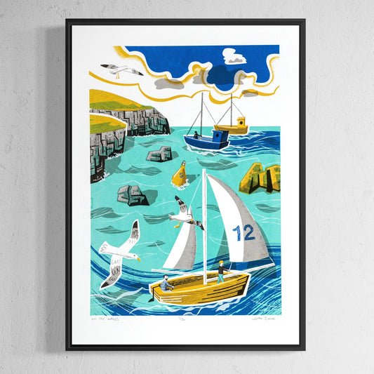 On the Waves six colour limited edition hand made screenprint. It depicts the sea and headland, with a yacht, fishing boats, rocks and gulls.
