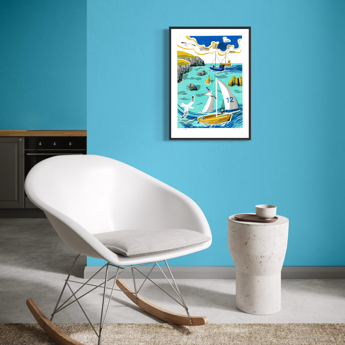 On the Waves six colour limited edition hand made screenprint. It depicts the sea and headland, with a yacht, fishing boats, rocks and gulls.