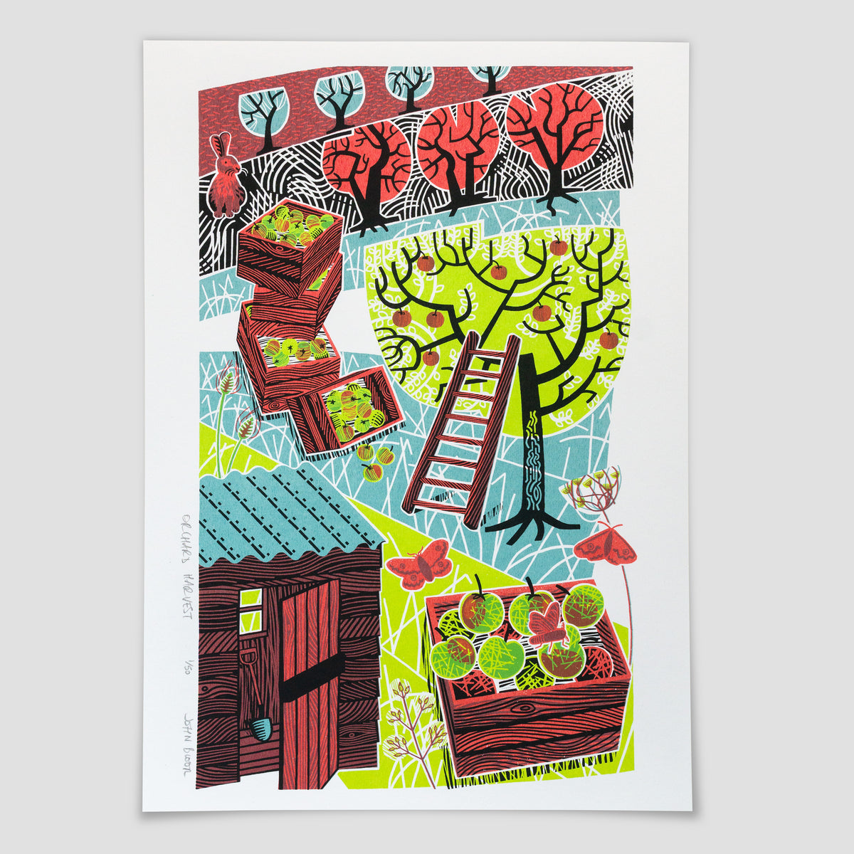 Orchard Harvest screenprint. It depicts an orchard harvest scene with a ladder up a tree, boxes of picked apples, a shed and moths.