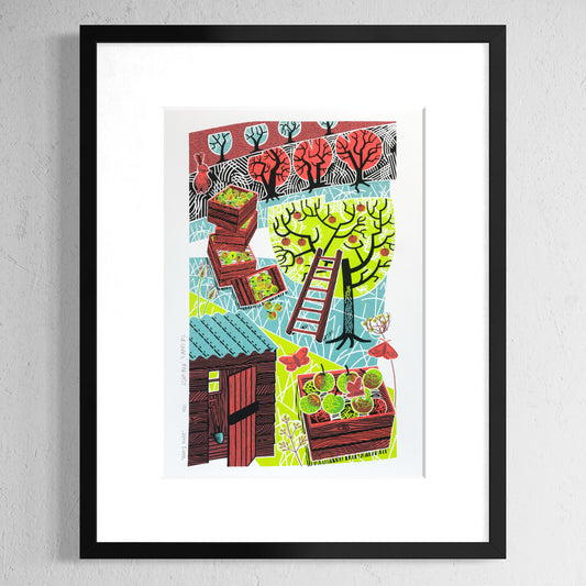 Orchard Harvest screenprint. It depicts an orchard harvest scene with a ladder up a tree, boxes of picked apples, a shed and moths.