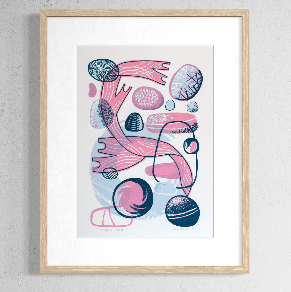 Pebbles Study screenprint. It depicts blue and pink pebbles and seaweed in an abstract style.