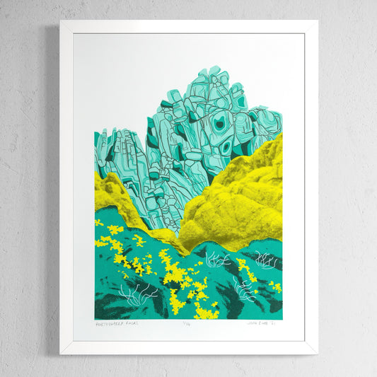 This Porthgwarra Rocks hand pulled screen print is inspired by the wonderful rock formations at Porthgwarra, Cornwall and is printed in vibrant colours. It shows rock formations in green, yellow rocks with halftone printing and yellow flowers in the foreground.