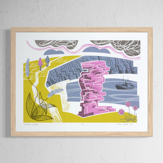 Rock Stack screenprint. It depicts the rock stack at Tintagel, Cornwall, with people walking the coastal path on the left. In the background is the cliffs. There is sea plantain and thrift in the foreground. 