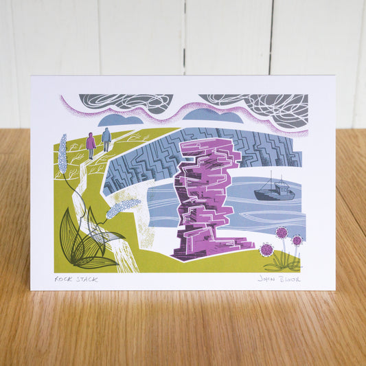 Rock Stack greetings card. It depicts the rock stack at Tintagel, Cornwall, as well as people walking along the coastal path. 