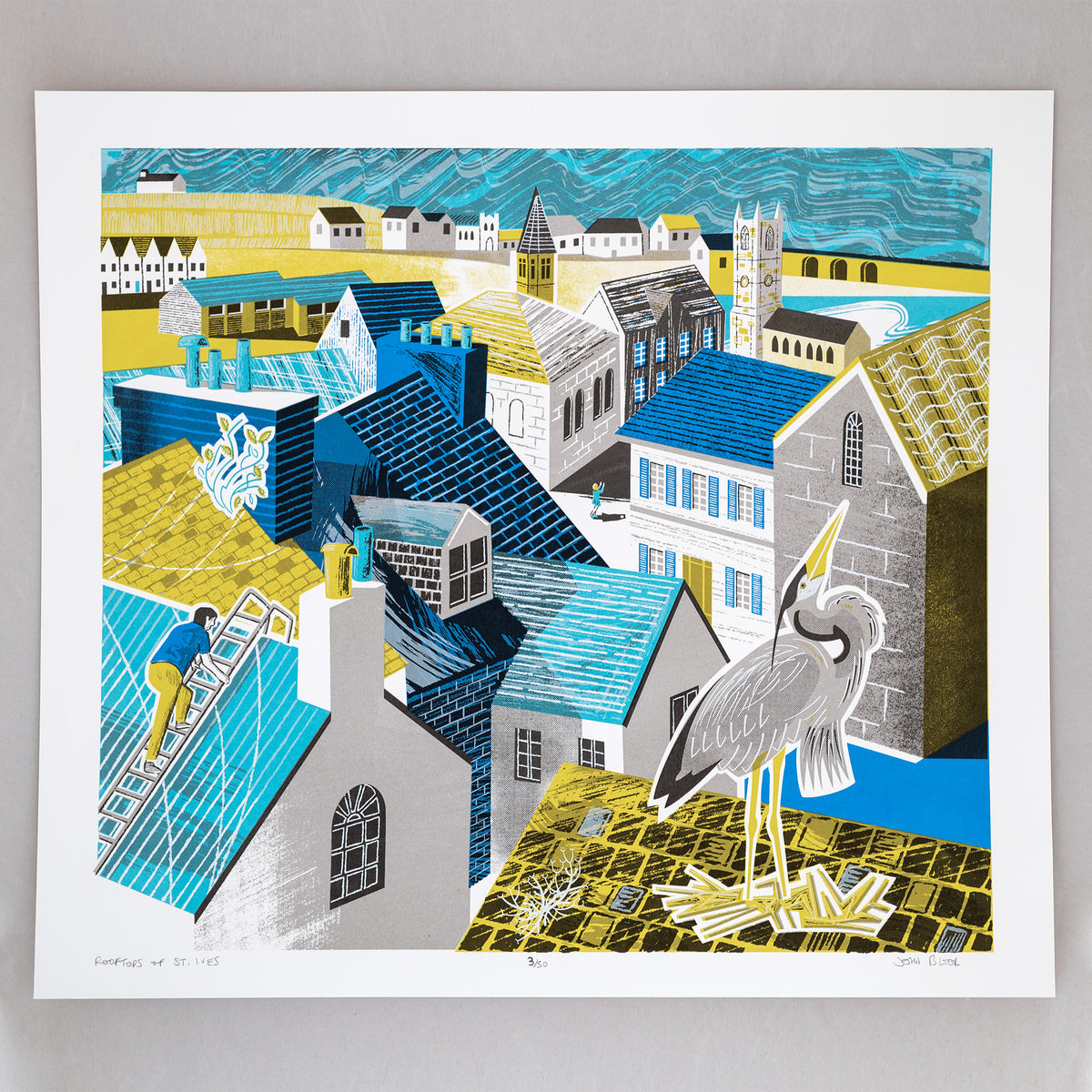 Rooftops of St. Ives screenprint featuring the rooftops of St. Ives, a heron in the foreground nesting on a roof, a man up a ladder repairing a roof and a tourist taking a photograph.