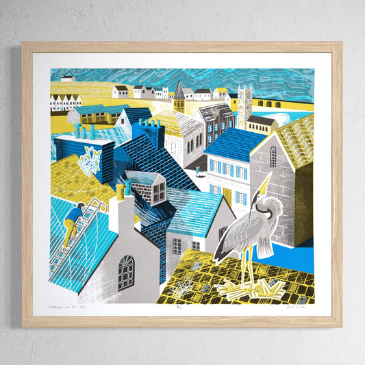 Rooftops of St. Ives screenprint featuring the rooftops of St. Ives, a heron in the foreground nesting on a roof, a man up a ladder repairing a roof and a tourist taking a photograph. Shown in an oak frame.