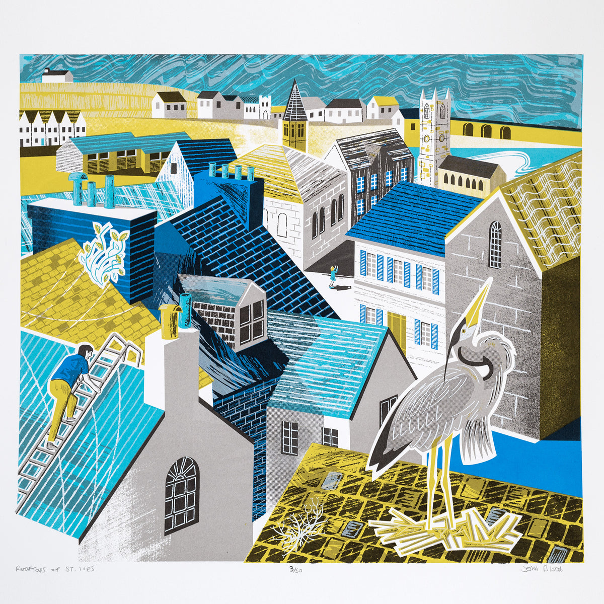 Rooftops of St. Ives screenprint featuring the rooftops of St. Ives, a heron in the foreground nesting on a roof, a man up a ladder repairing a roof and a tourist taking a photograph. Shown on white.