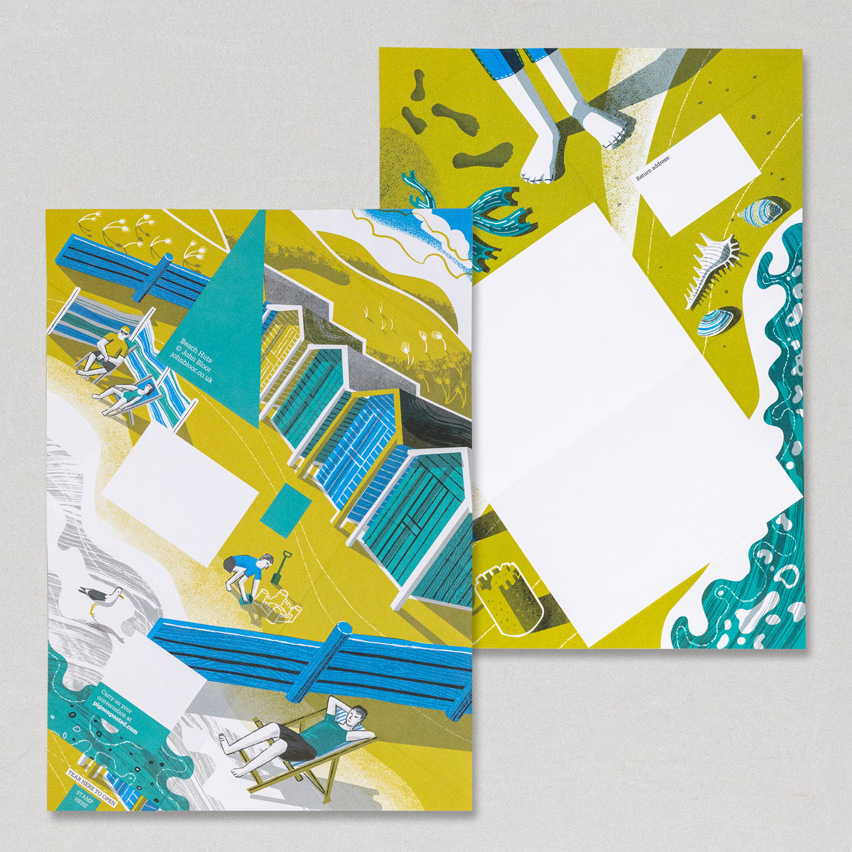 Safe Harbour Pigeons stationery showing beach huts scene