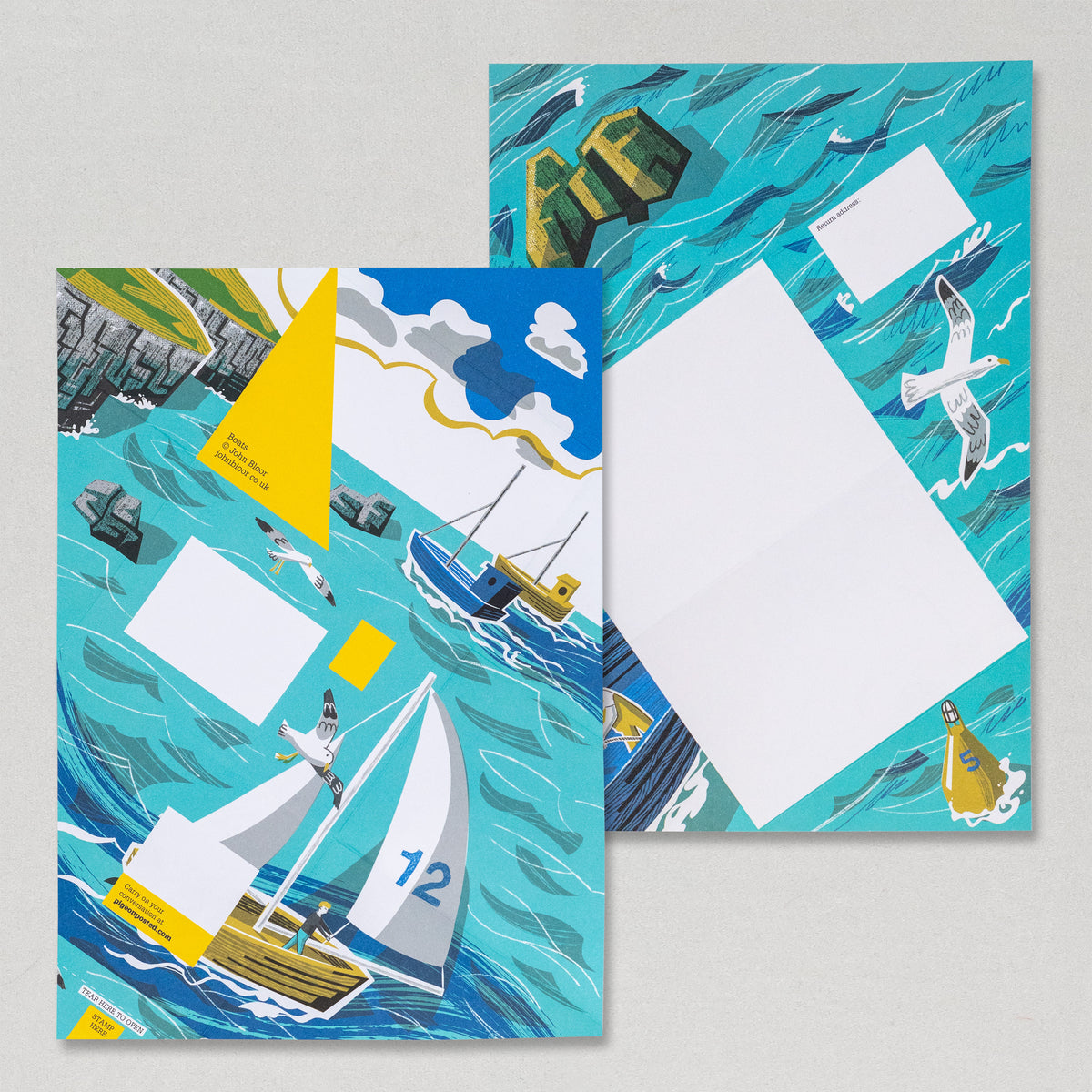 Safe Harbour Pigeons stationery showing boats on the sea scene
