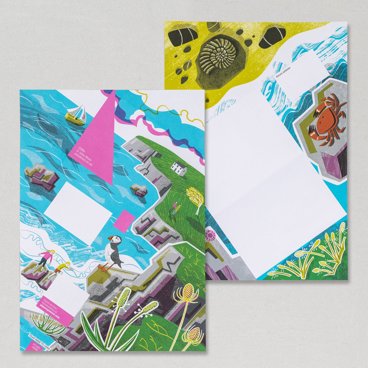 Safe Harbour Pigeons stationery showing cliffs, coves and puffins scene