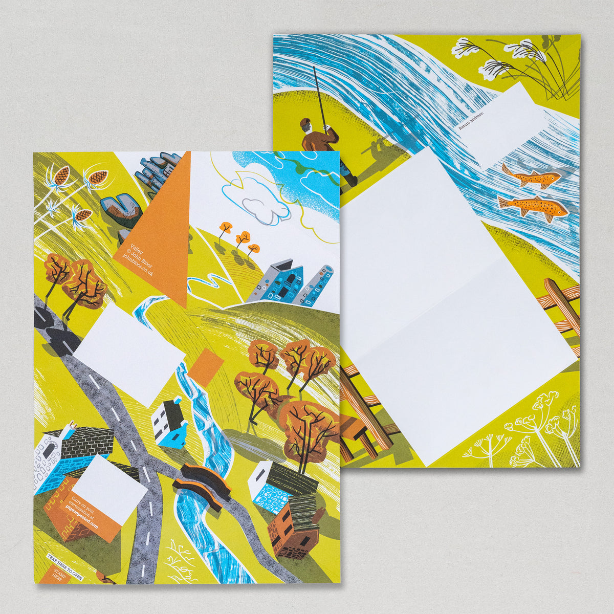Safe Harbour Pigeons stationery showing a valley scene with river and houses