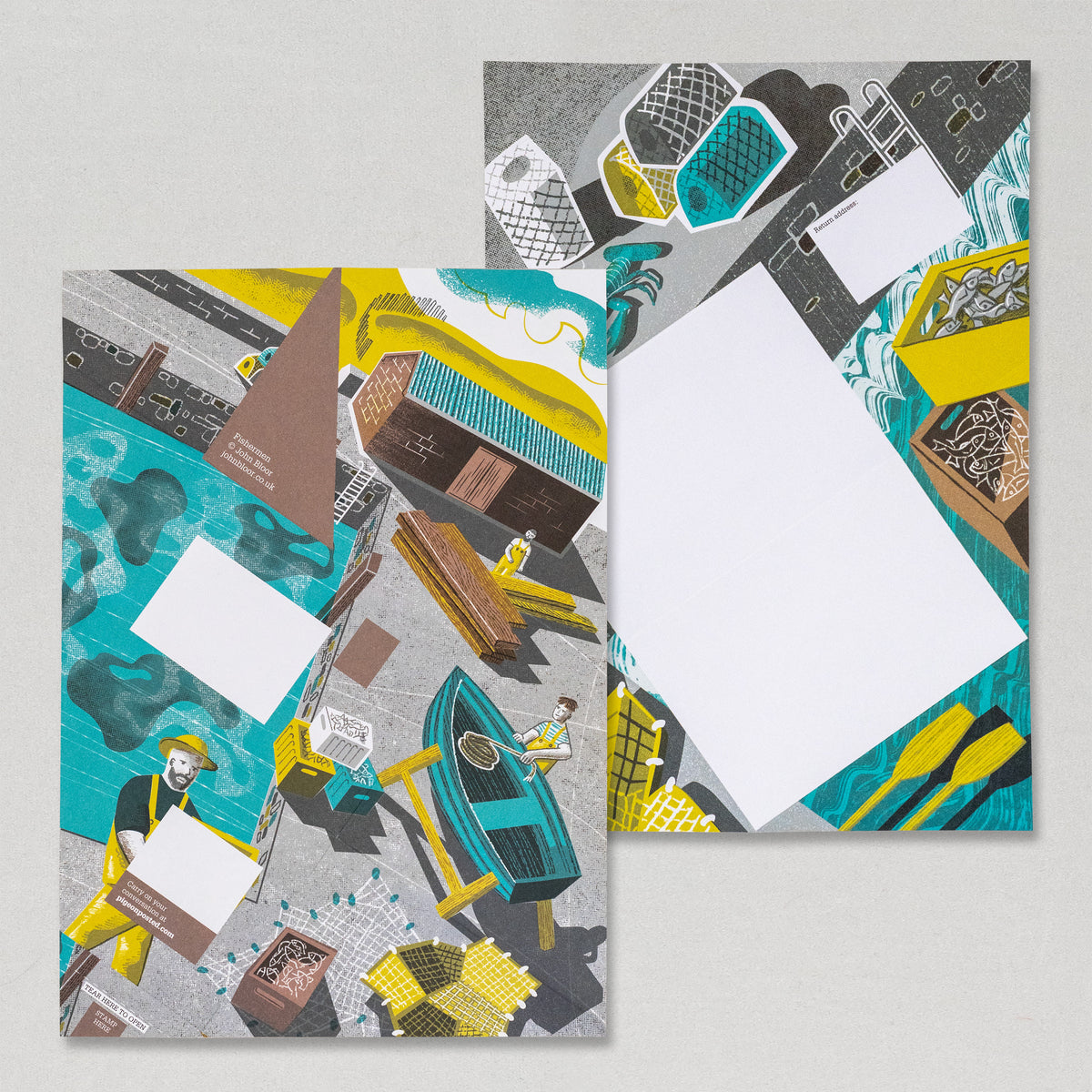 Safe Harbour Pigeons stationery showing fishermen in harbour scene