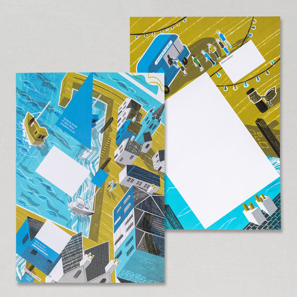 Safe Harbour Pigeons stationery showing a harbour from above