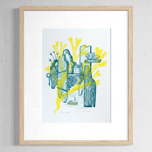 Safe Harbour screenprint. It is of a house nestled between rocks and driftwood tied up with rope. There is also a shell on a shelf and a boat below. 