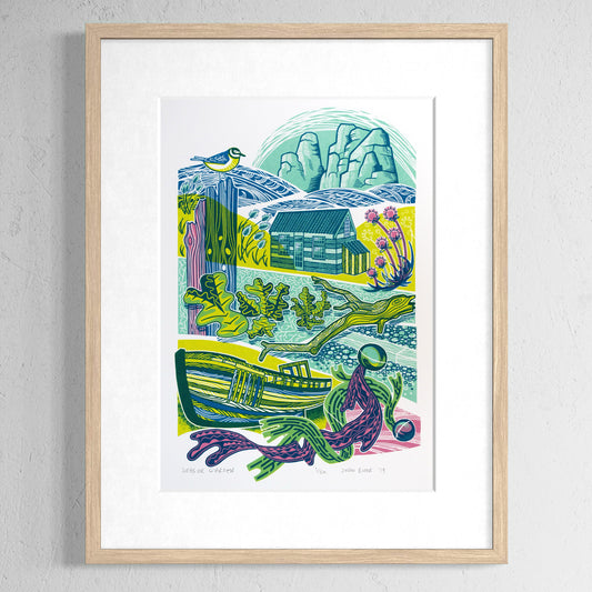 Seaside Garden screenprint. It depicts a seaside garden including driftwood, a boat wreck, seaweed, sea kale, thrift, pebbles, a bird and rocks. In the middle is a little wooden cottage with a corrugated roof.