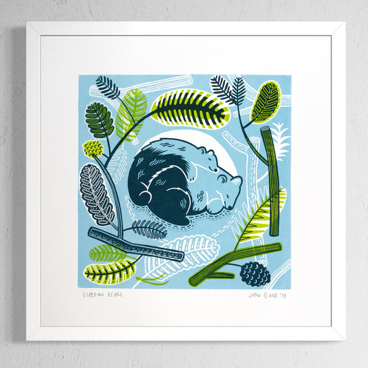Sleeping Bears screenprint. It depicts two bears sleeping, one hugging another, amidst green and blue fir branches. 