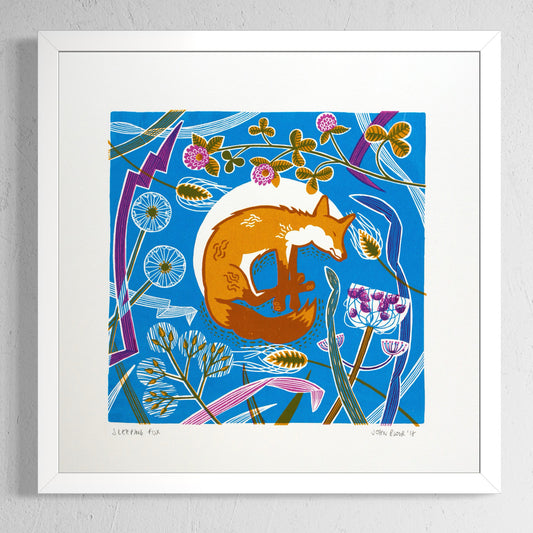 Sleeping Fox screenprint. It depicts a fox sleeping amongst seed heads and grasses in vibrant colours.