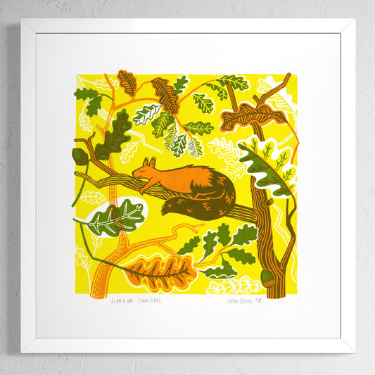 Sleeping Squirrel screenprint. It depicts an orange squirrel sleeping on a branch of an oak tree with oak leaves all around.