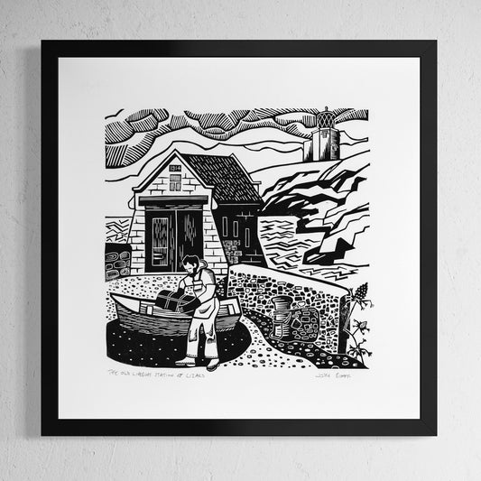 L’ancienne station de sauvetage à Lizard, Cornwall, linogravure