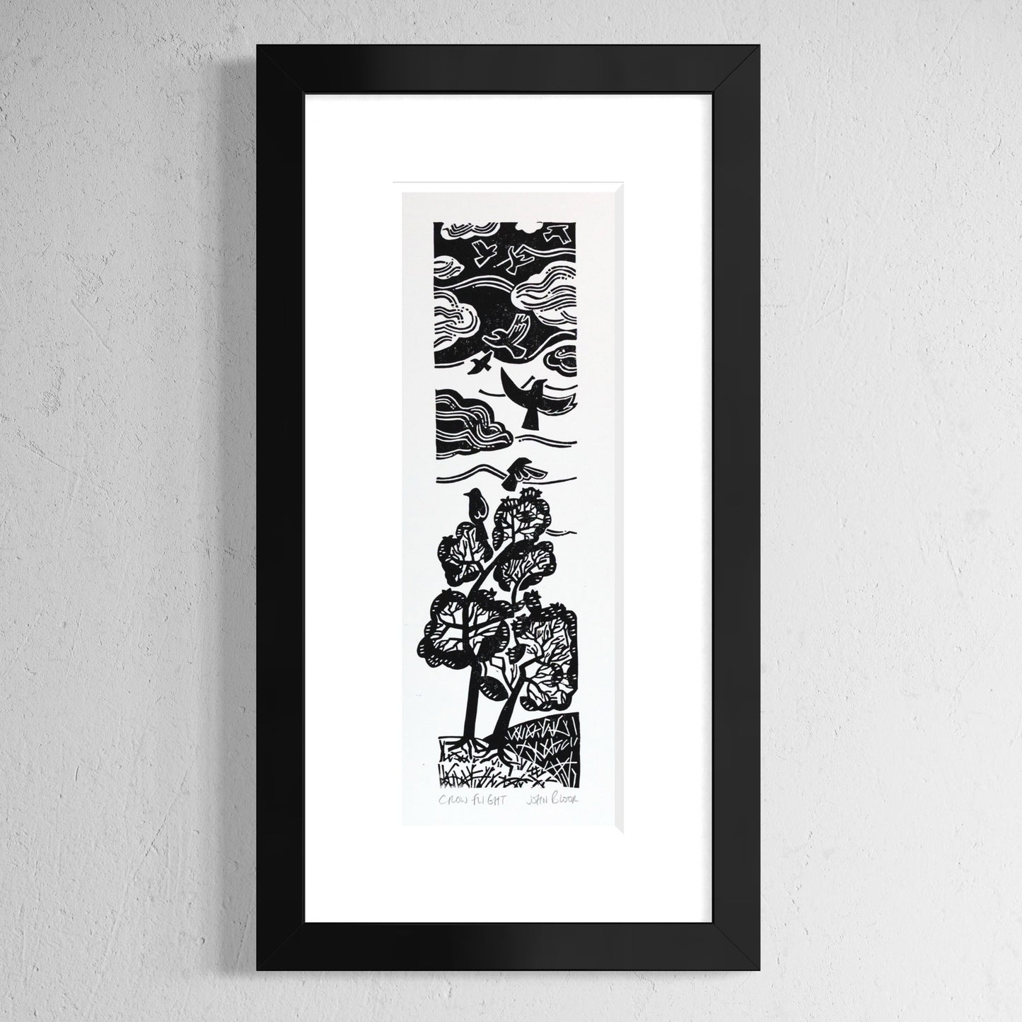 "Crow Flight" lino print, crows flying up from trees unframed linocut