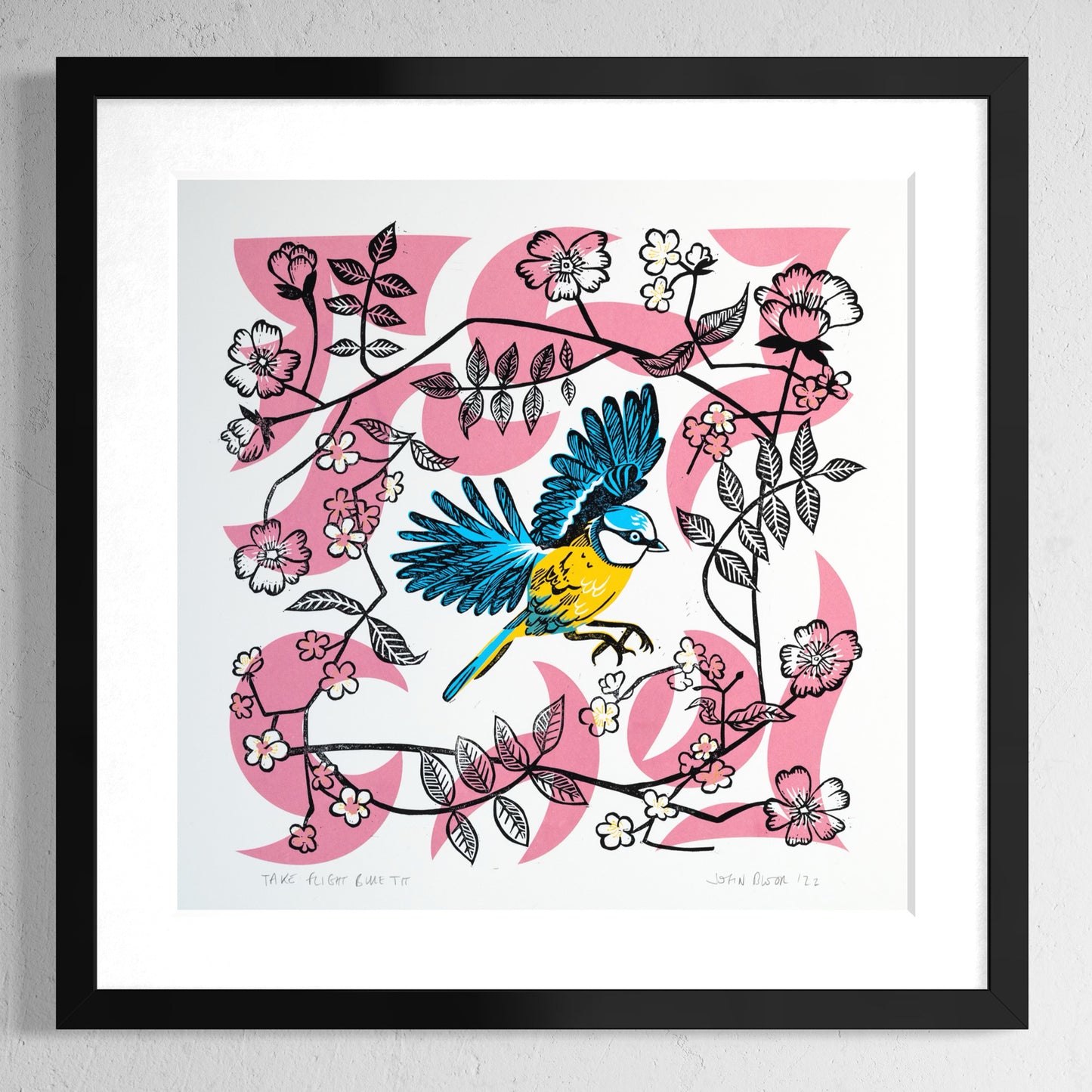 Take Flight Blue Tit hand printed unframed linocut and screen print