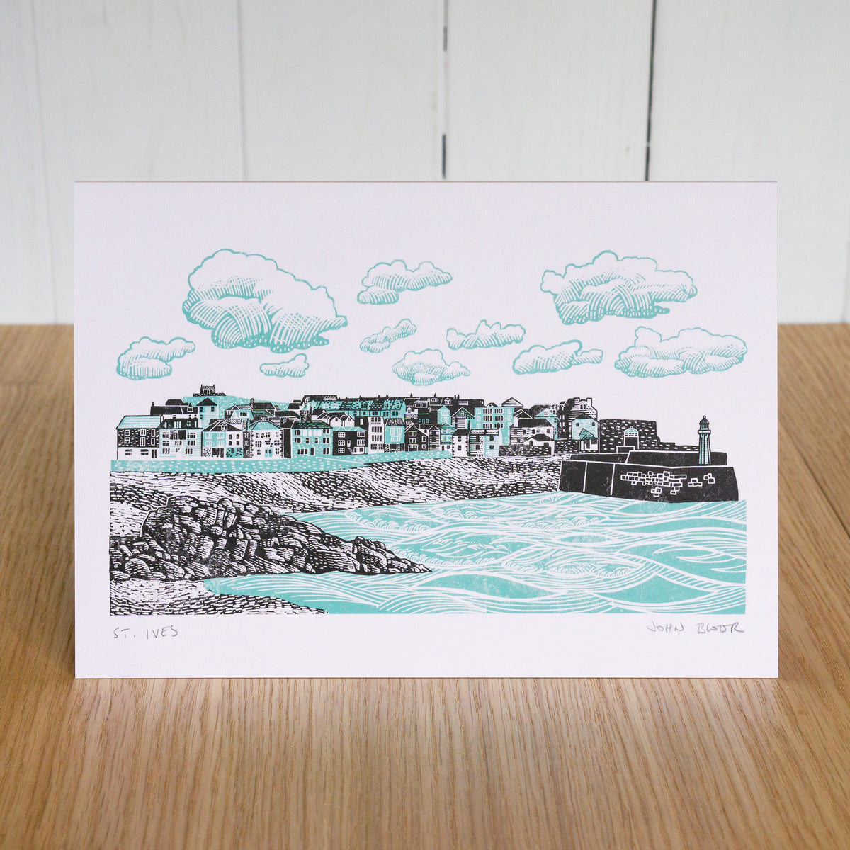 St. Ives greetings card. Based on a two colour linocut, it depicts St. Ives harbour in Cornwall. 