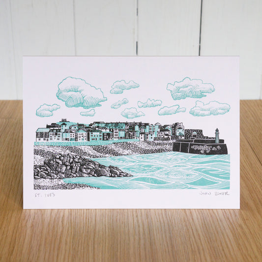 St. Ives greetings card. Based on a two colour linocut, it depicts St. Ives harbour in Cornwall. 