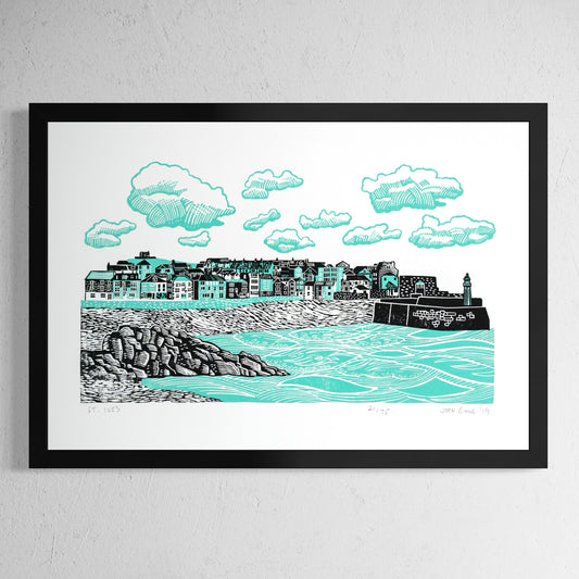 St. Ives two colour linocut print in green and black. It features the harbour of St. Ives, Cornwall, with the houses looking out over the sea and beach. 