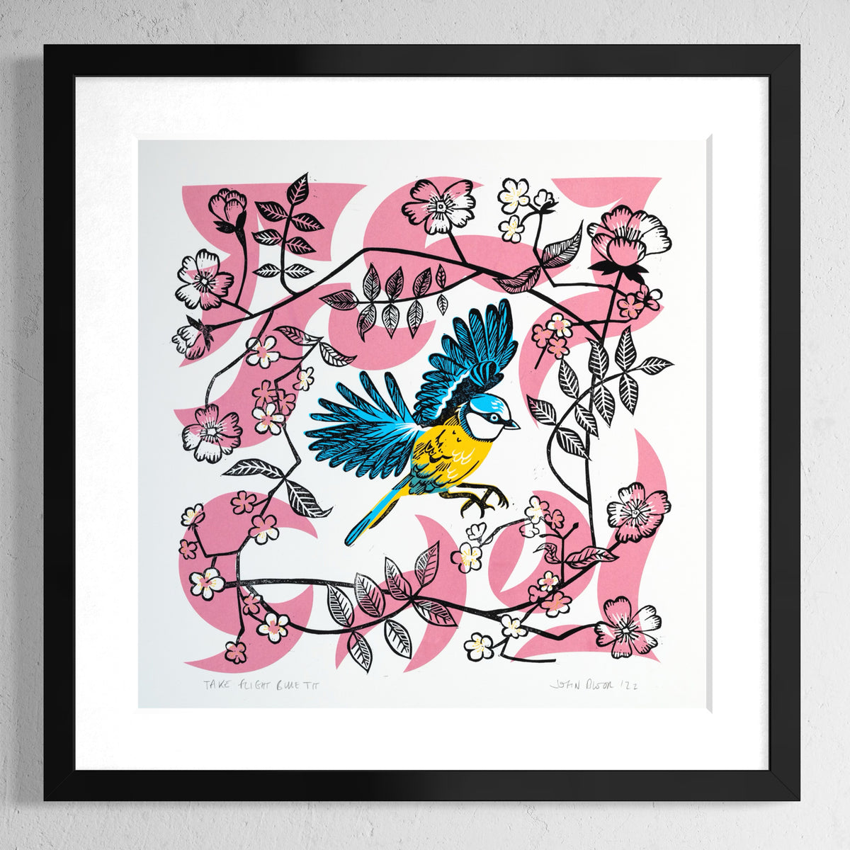 Take Flight Blue Tit hand printed unframed linocut and screen print depicting a Blue Tit flying amongst apple blossom.