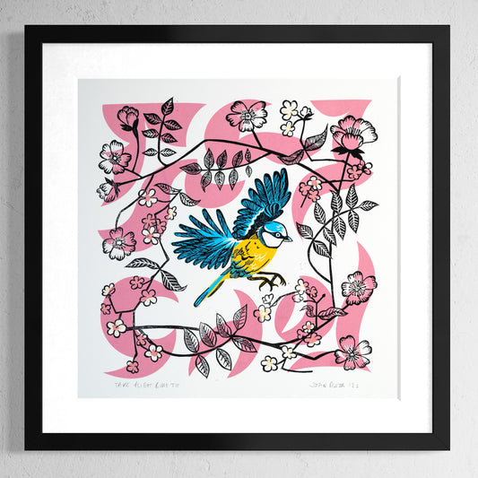 Take Flight Blue Tit hand printed unframed linocut and screen print depicting a Blue Tit flying amongst apple blossom.