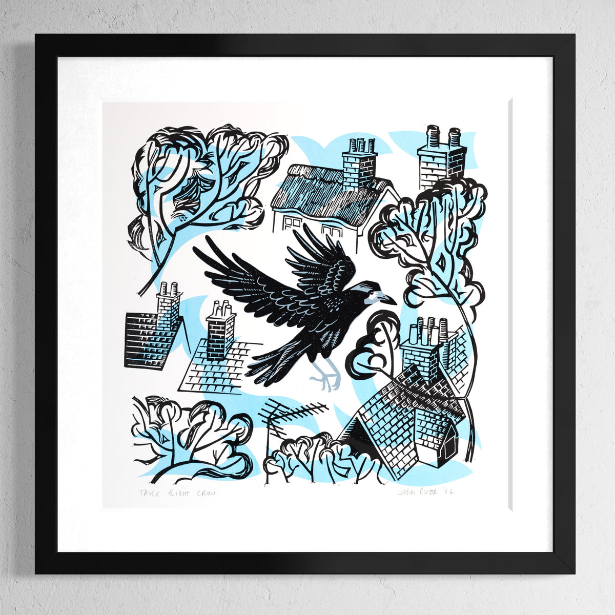 Take Flight Crow linocut and screenprint depicting a crow flying amongst treetops and rooftops.
