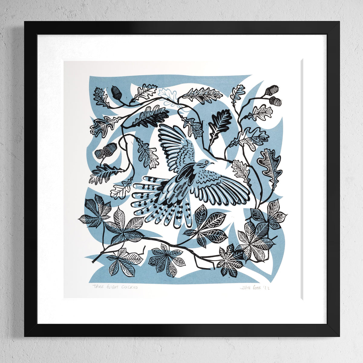 Take Flight Cuckoo linocut and screenprint depicting a Cuckoo flying amongst chestnut and oak leaves.
