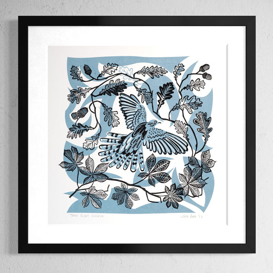 Take Flight Cuckoo linocut and screenprint depicting a Cuckoo flying amongst chestnut and oak leaves.