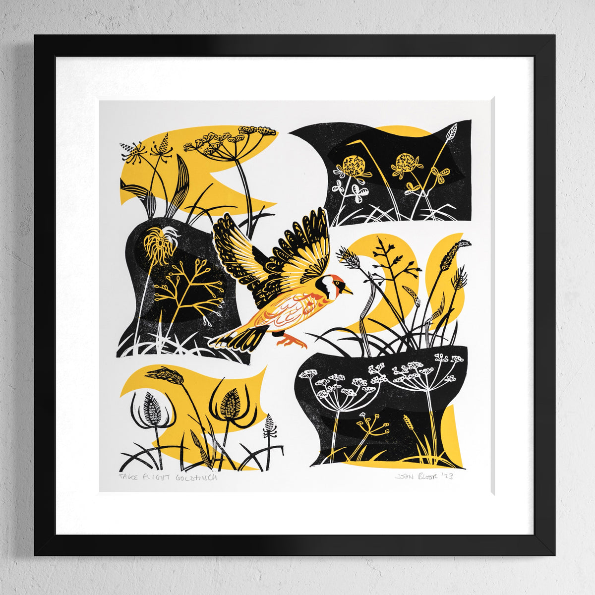 Take Flight Goldfinch linocut and screenprint. This print depicts a Goldfinch taking off amongst grasses and seed heads. 