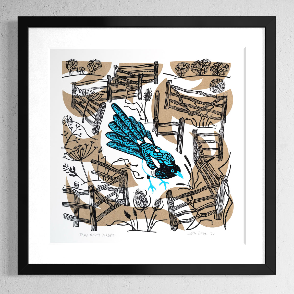 Take Flight Magpie linocut and screenprint depicting a Magpie standing amongst fences and seed heads.
