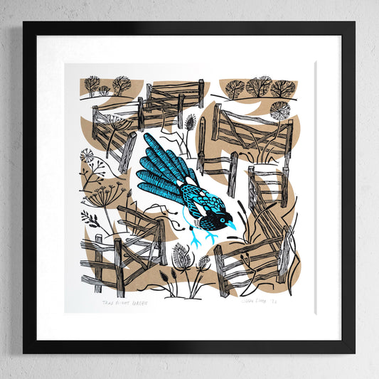 Take Flight Magpie linocut and screenprint depicting a Magpie standing amongst fences and seed heads.