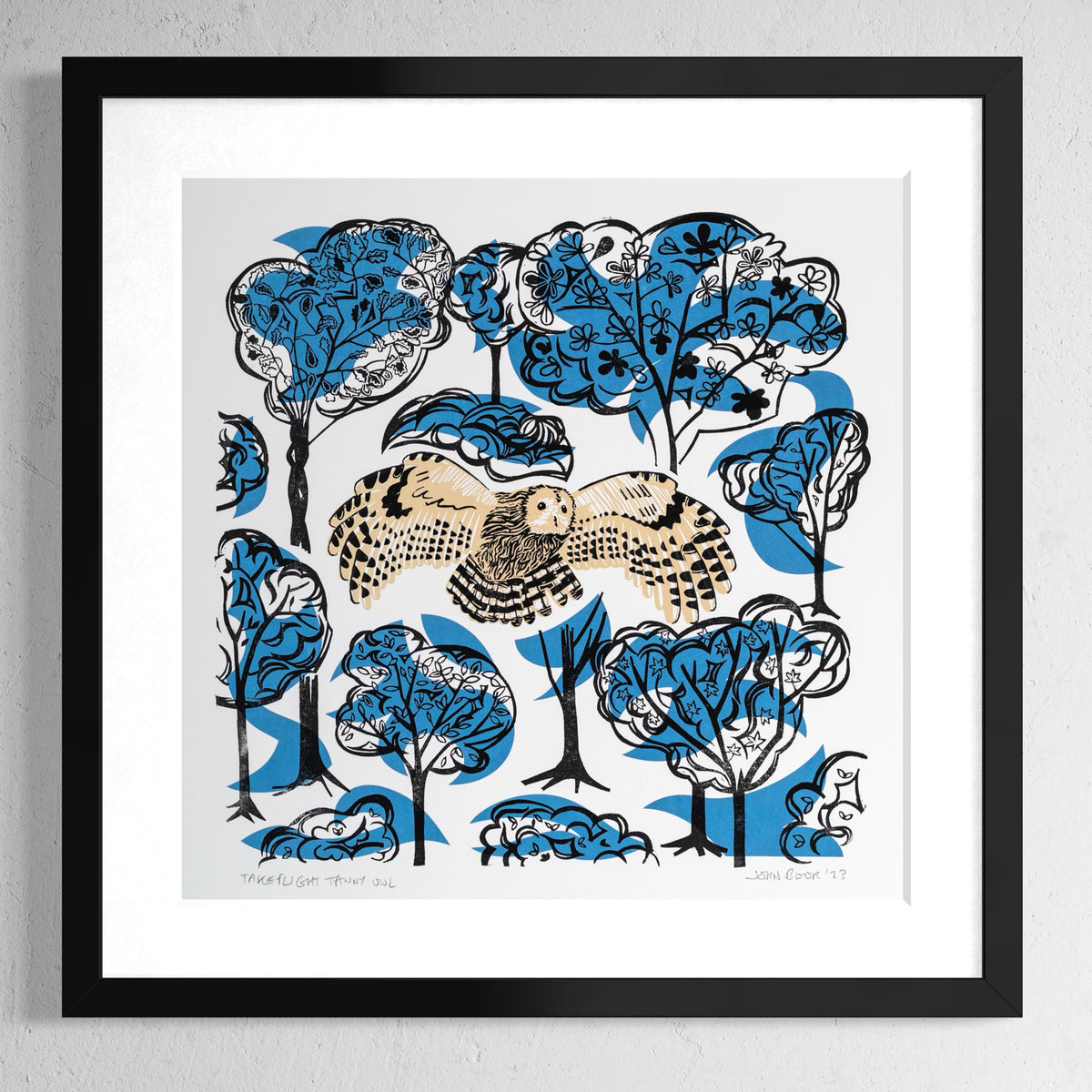 This Tawny Owl linocut and screen print depicts a Tawny Owl in flight amongst trees.