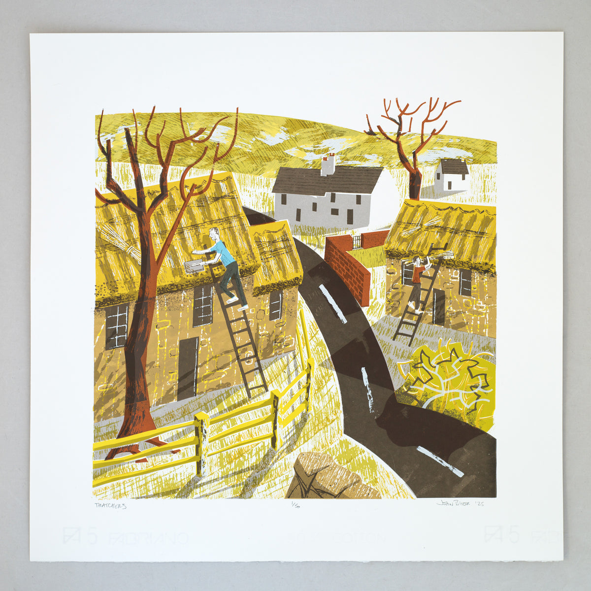 Thatchers screenprint. It features two thatchers working on roofs of cottages in England. It is printed in eleven colours.