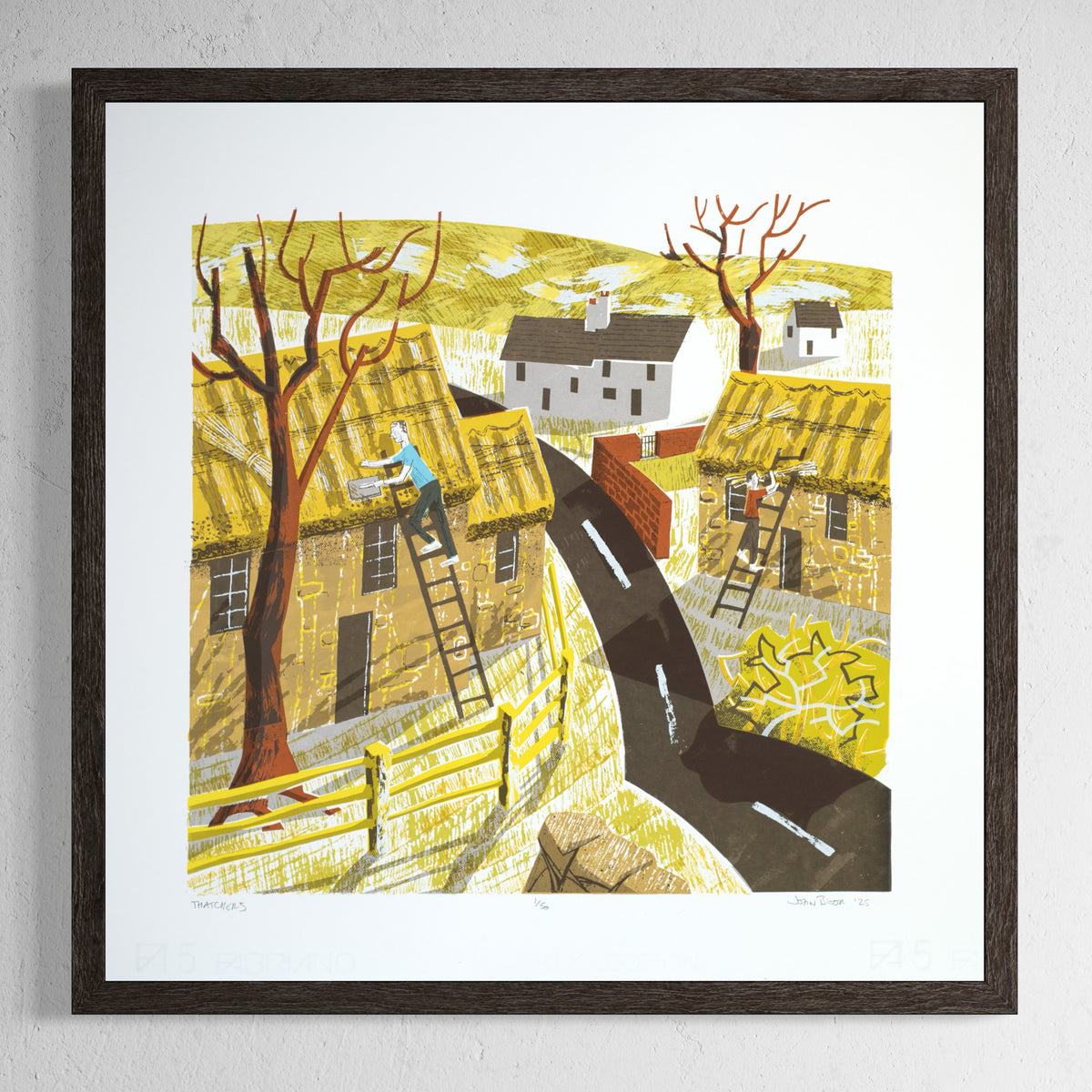 Thatchers screenprint. It features two thatchers working on roofs of cottages in England. It is printed in eleven colours.